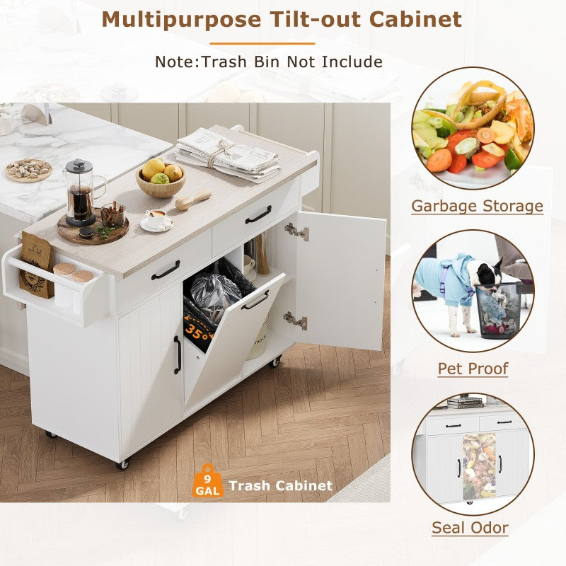 White Kitchen Island with Trash Cabinet & Drop Leaf