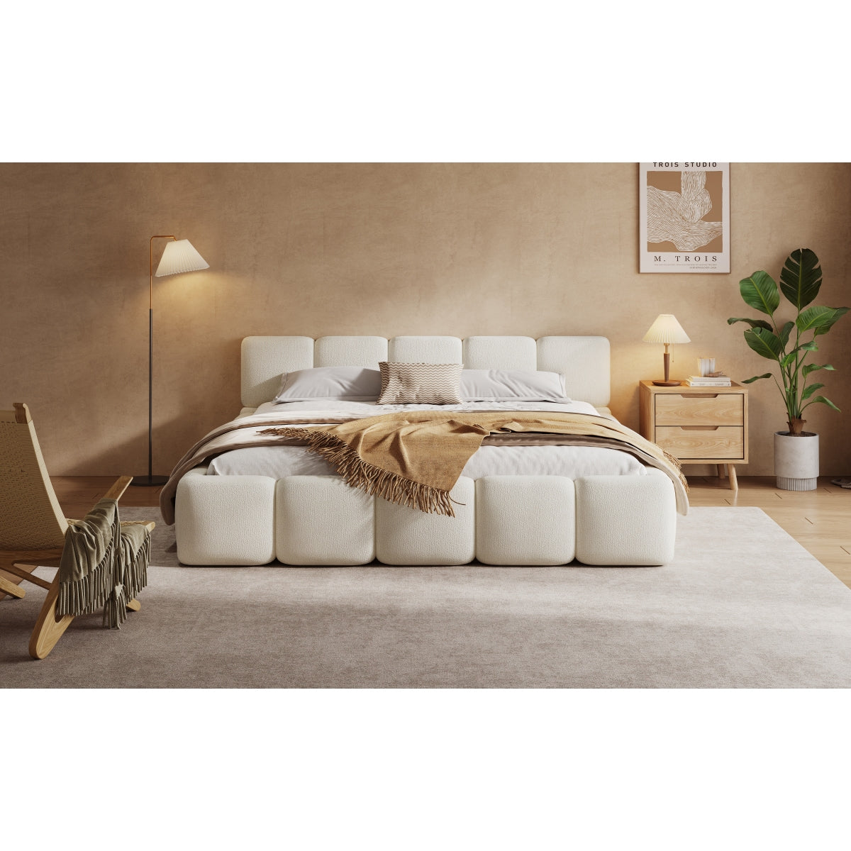 King White Boucle Upholstered Bed | Grounded Block Style