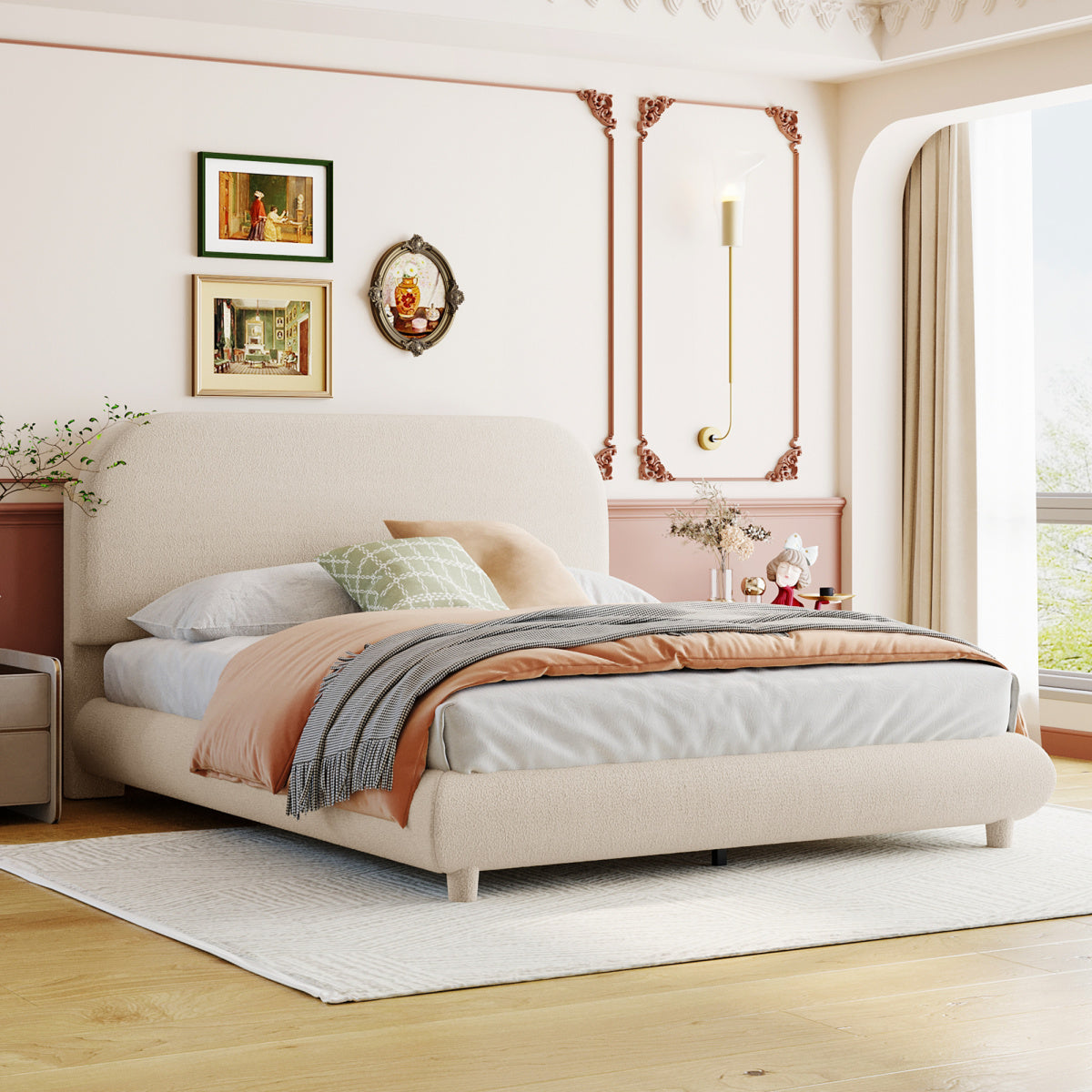 Queen Teddy Fleece Upholstered Bed: Modern Curved Platform Bed in Beige