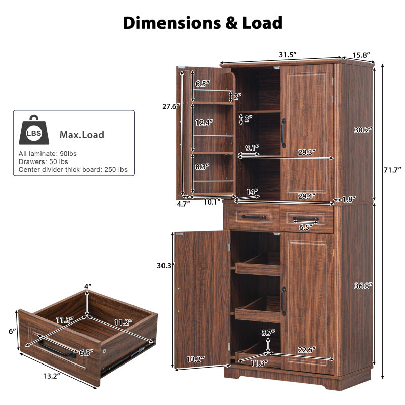 72" Farmhouse Pantry Cabinet with Pull-Out Organizers & Drawers