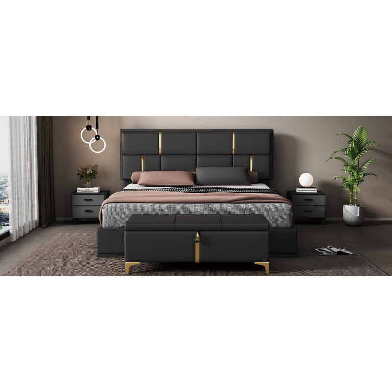 Black Queen 2-Pc Set: Upholstered Hydraulic Storage Bed & Ottoman