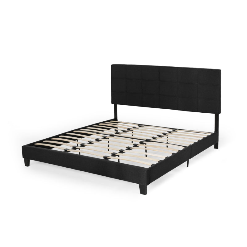 King-size Upholstered Platform Bed Frame with Contemporary Tufted Waffle Stitching, Easy Assembly, Black