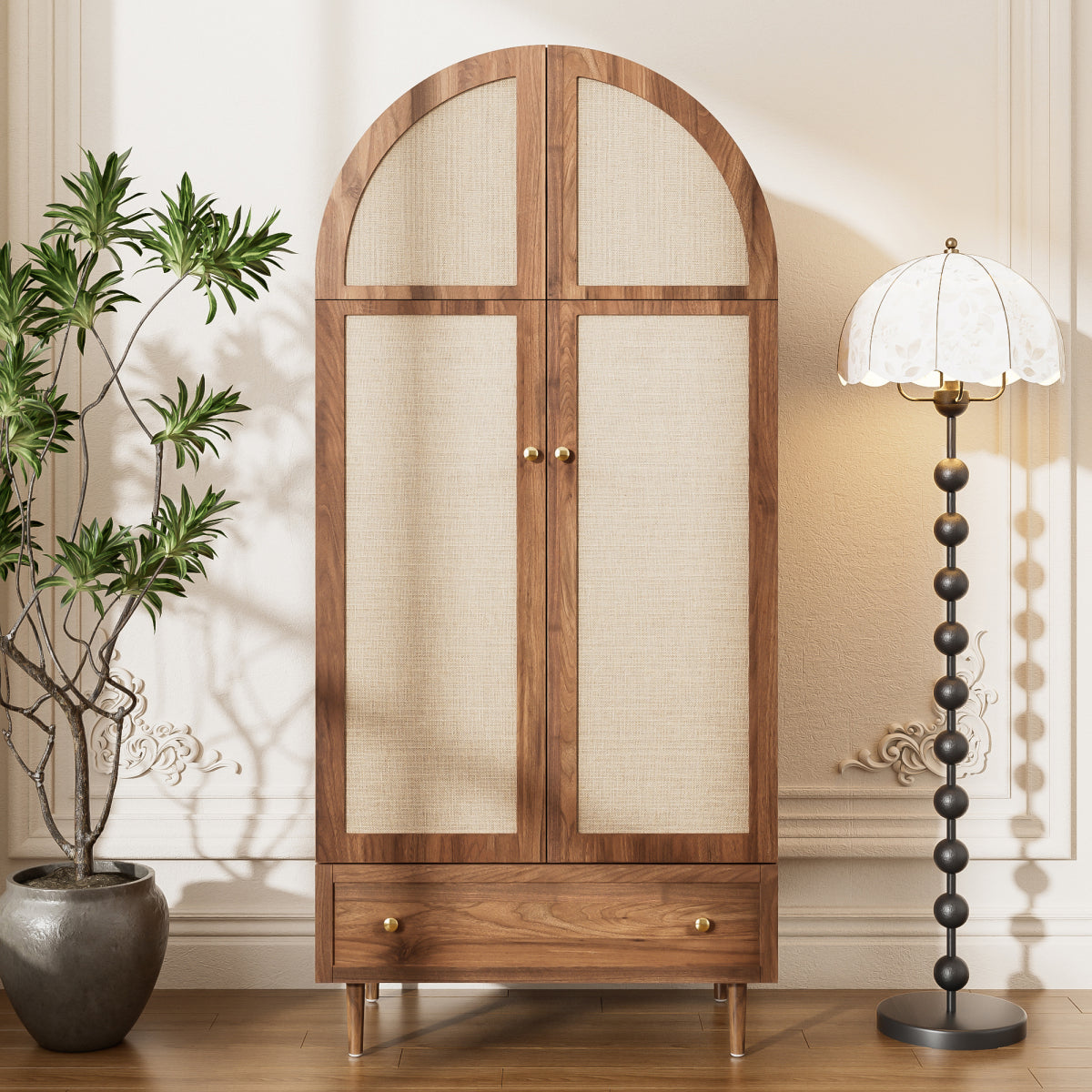 Modern Walnut Wardrobe Armoire: Fabric Door Clothing Cabinet with Drawer