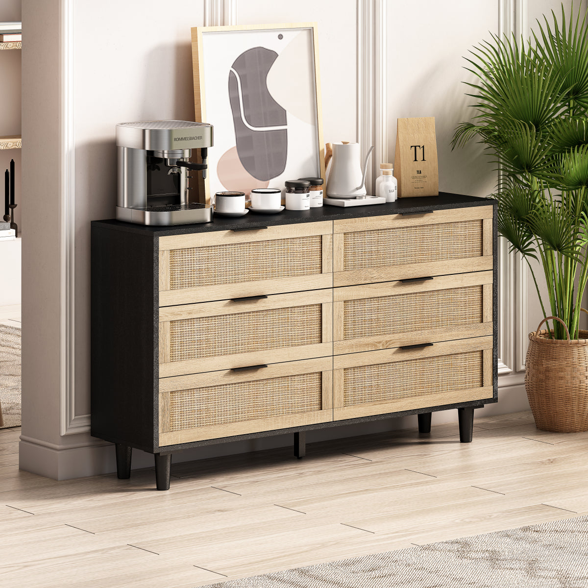 Black Rattan Storage Cabinet (51") | 6 Drawers for Bedroom & Living Room