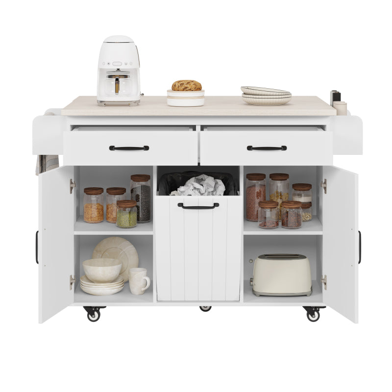 White Kitchen Island with Trash Cabinet & Drop Leaf