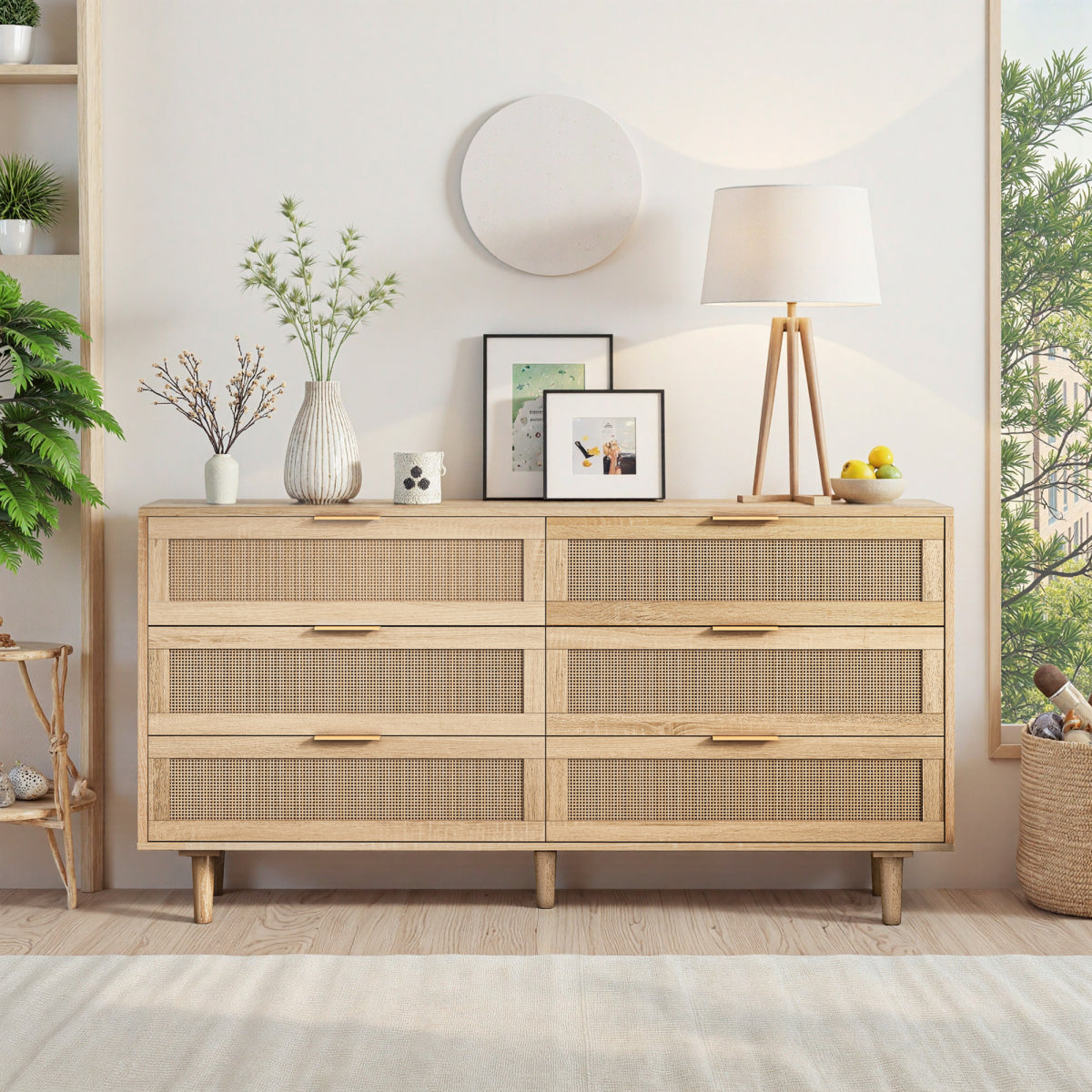 Black Rattan Storage Cabinet (51") | 6 Drawers for Bedroom & Living Room