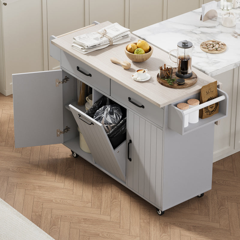 White Kitchen Island with Trash Cabinet & Drop Leaf