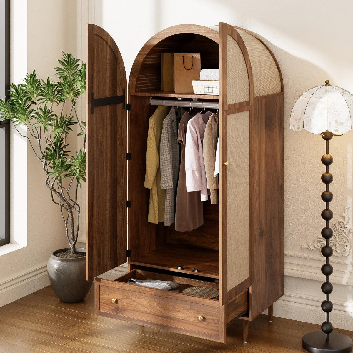Modern Walnut Wardrobe Armoire: Fabric Door Clothing Cabinet with Drawer