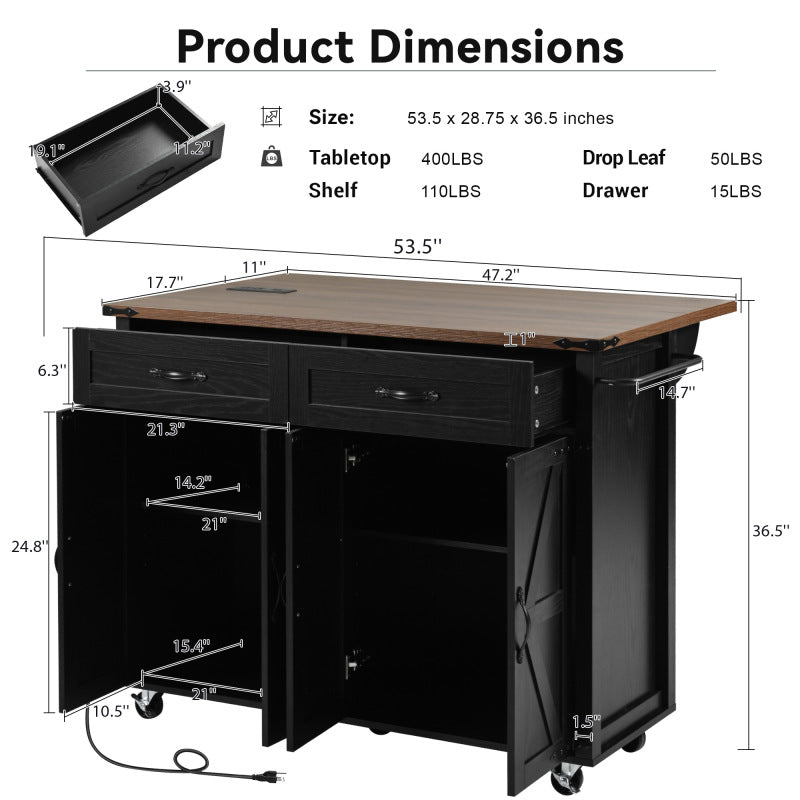 53.5" Farmhouse Kitchen Island with Drop Leaf & Power Outlet