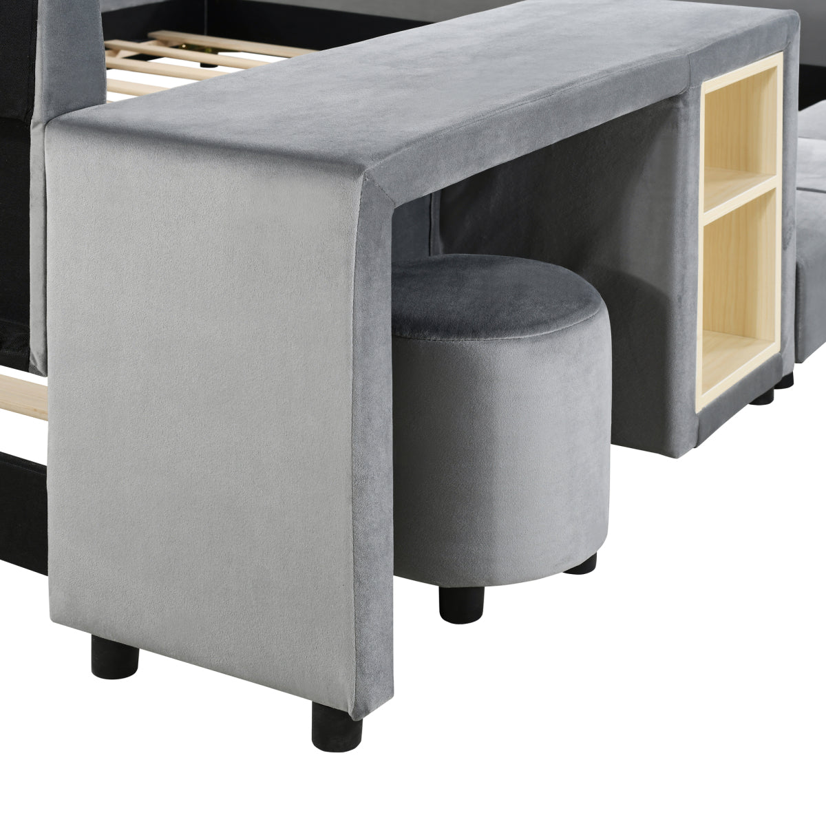 Queen Velvet Grounded Bed with Bedside Desk & Round Stool