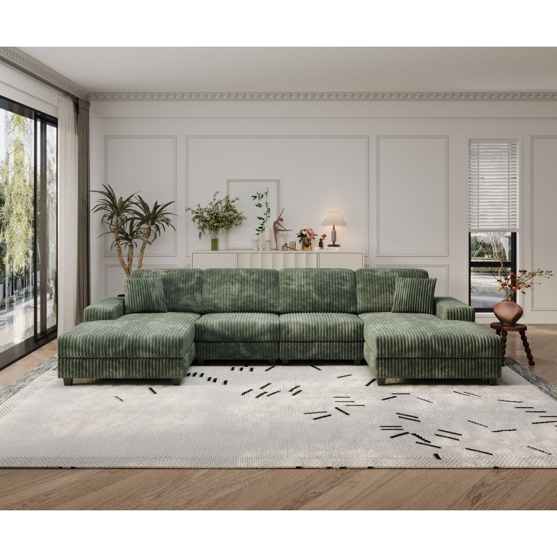 U-Shaped 4 Seat Corduroy Sectional Sofa, Green