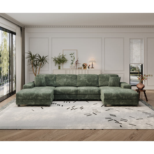 U-Shaped 4 Seat Corduroy Sectional Sofa, Green