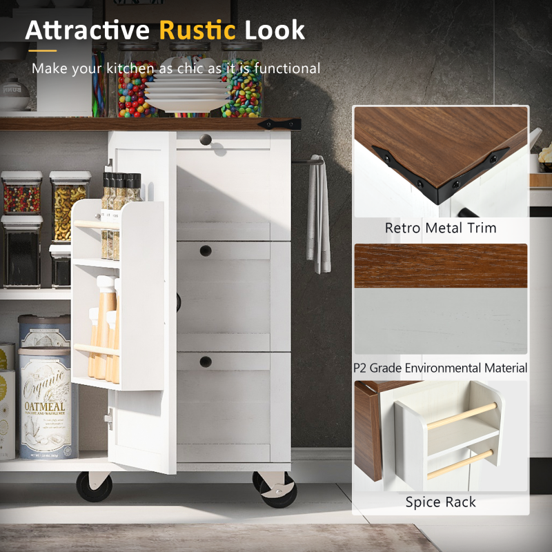 54.5" Farmhouse Kitchen Island – Drop Leaf, Power Outlet, Storage Racks, Rolling Cart-white