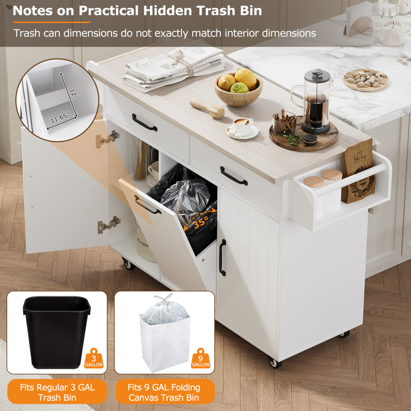 White Kitchen Island with Trash Cabinet & Drop Leaf