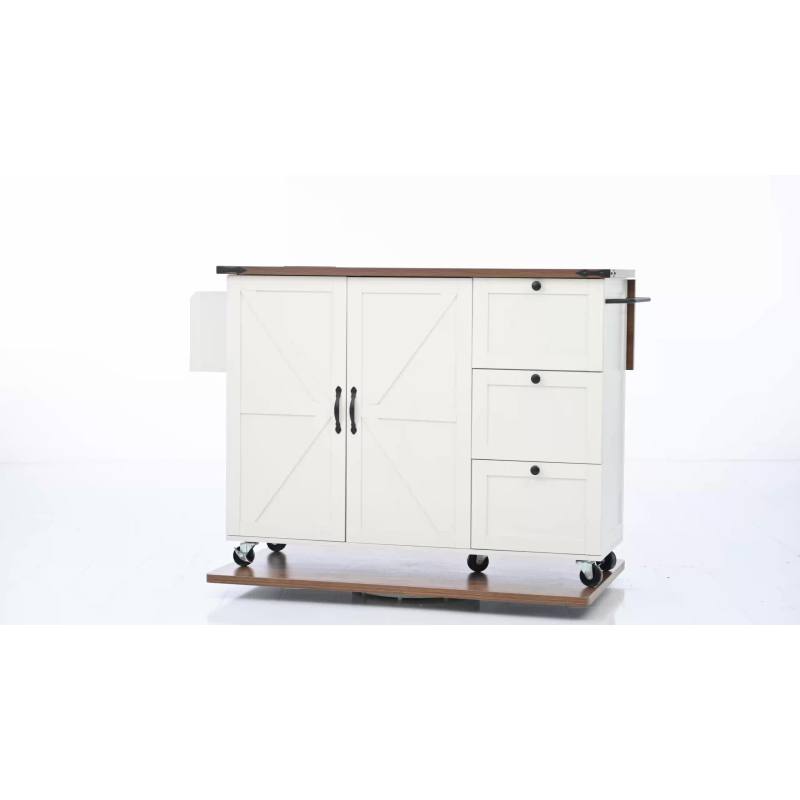 54.5" Farmhouse Kitchen Island – Drop Leaf, Power Outlet, Storage Racks, Rolling Cart-white