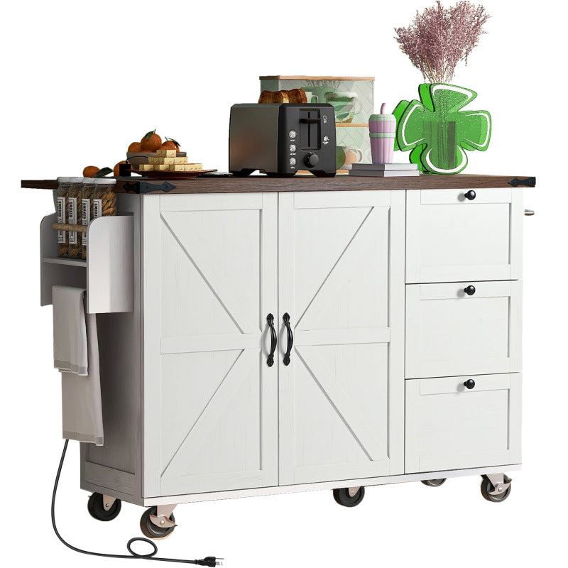 54.5" Farmhouse Kitchen Island – Drop Leaf, Power Outlet, Storage Racks, Rolling Cart-white