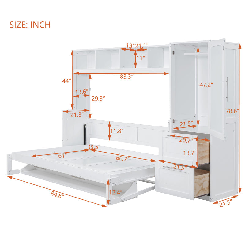 Murphy Bed with Closet & Drawers – Queen Size, White