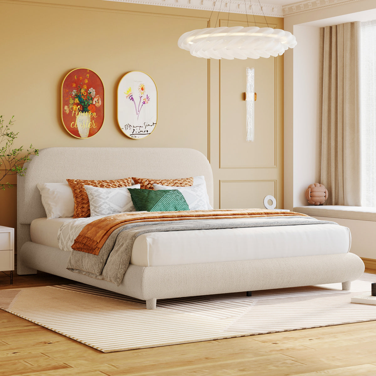 Queen Teddy Fleece Upholstered Bed: Modern Curved Platform Bed in Beige