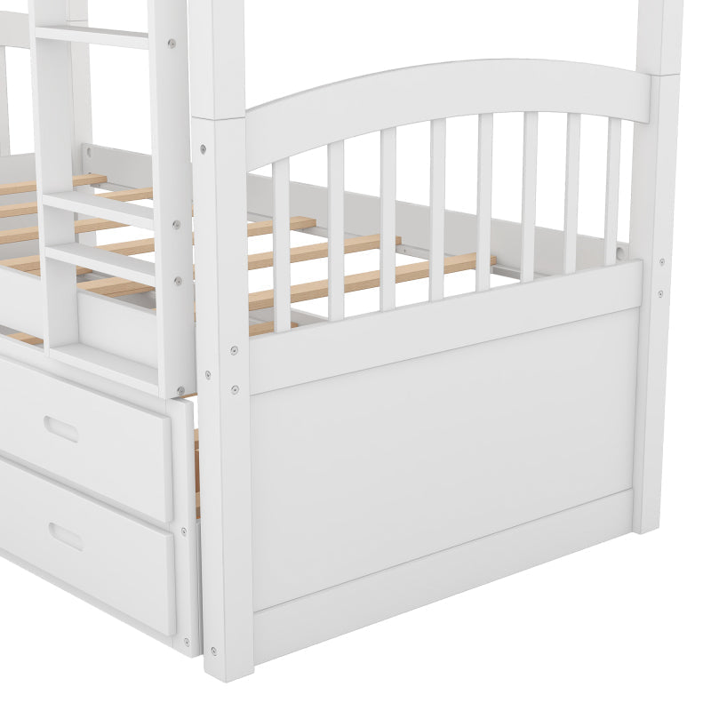 Twin over Twin Wood Bunk Bed with Trundle and Drawers,White