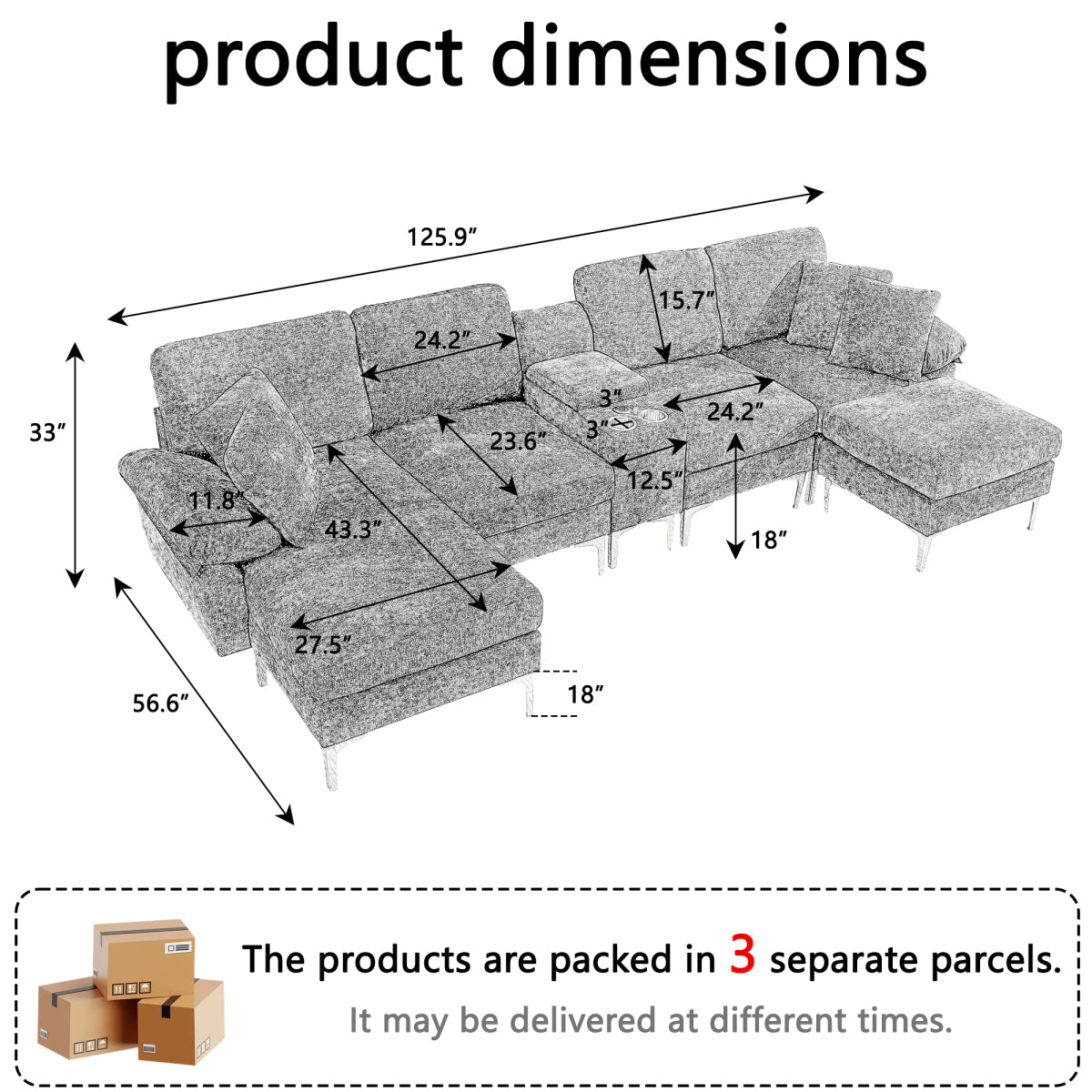 125.9" U-Shaped Modular Chenille Sofa: Cloud Sectional with Power Recliner, USB & Ottoman