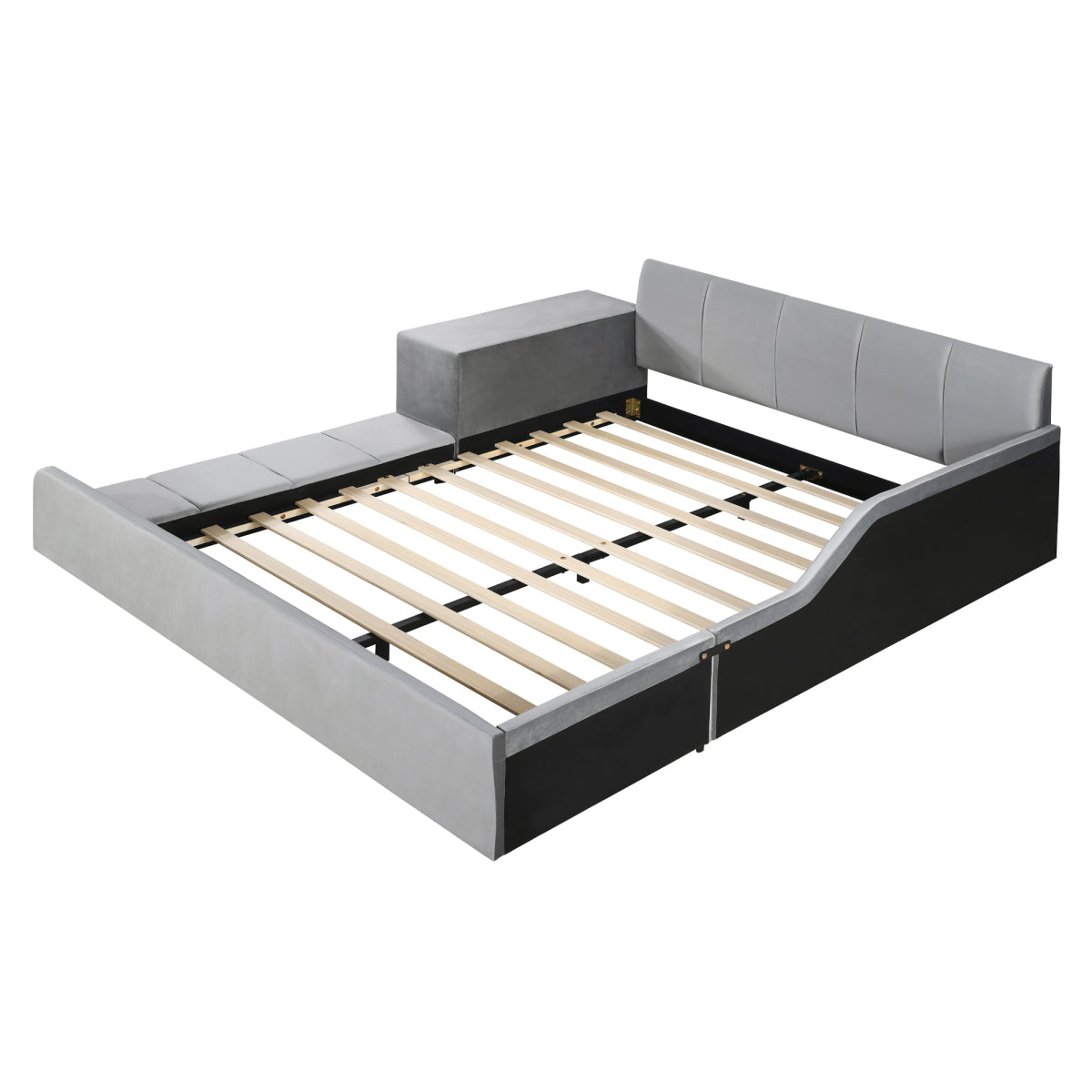 Queen Velvet Grounded Bed with Bedside Desk & Round Stool