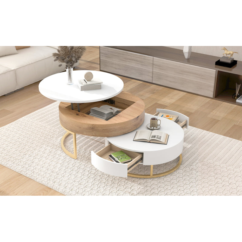 Modern Round Lift-top Nesting Coffee Tables with 2 Drawers White & Natural