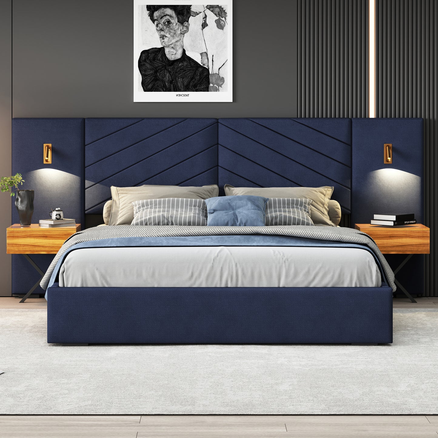 King Size Velvet Platform Bed Frame with Wingback Headboard - No Box Spring Needed, Royal Blue