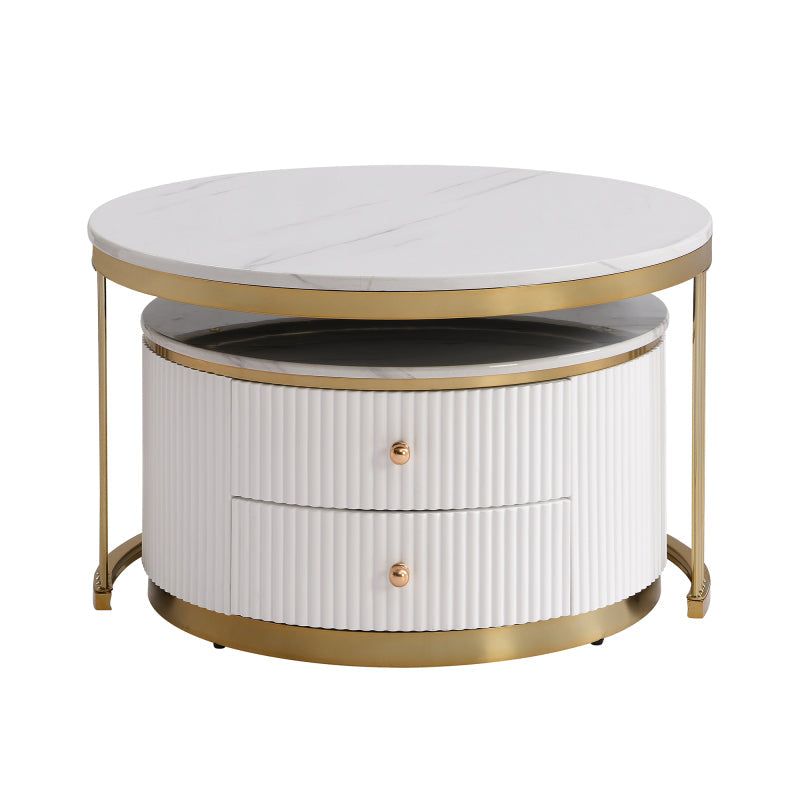 Modern 2 Pieces White Round Nesting Coffee Table with Drawers in 27.6''