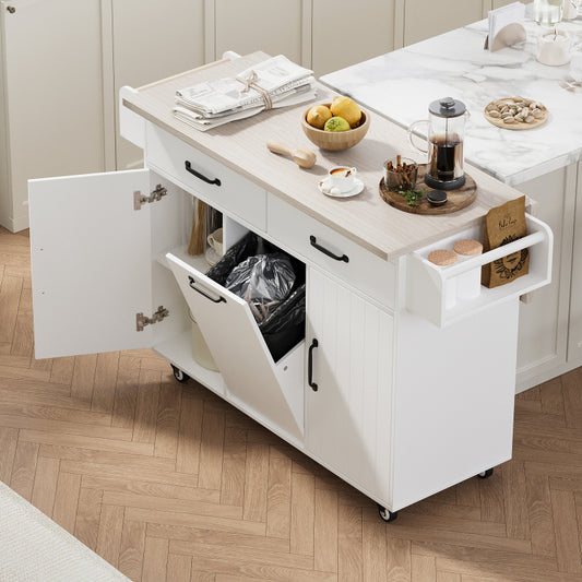 White Kitchen Island with Trash Cabinet & Drop Leaf