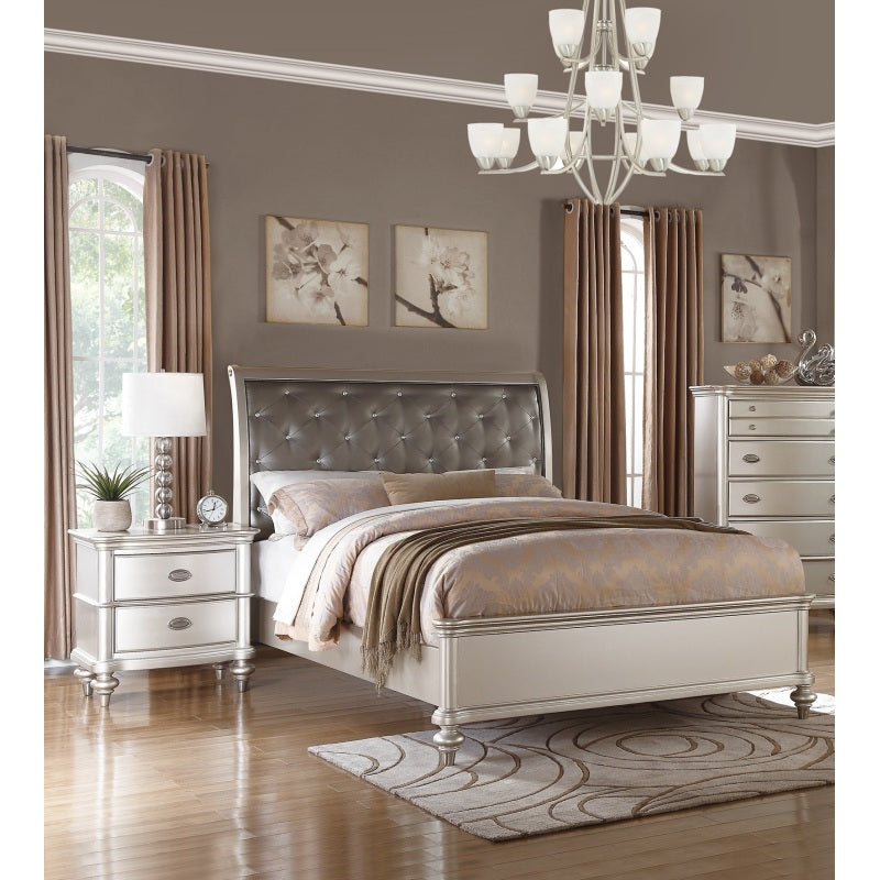 Silver Faux Leather Glamorous 3pc Bedroom Set Queen Size Bed 2x Nightstands Tufted Headboard Furniture